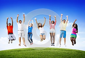 Group Friends Outdoors Celebration Winning Victory Jump Concept