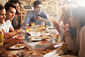 Group, friends and party with pizza, discussion and diversity for joy or fun with youth. Men, Women and fast food with