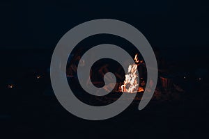 Group of friends partying on the beach sitting around the fire