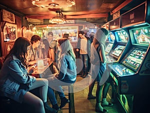 Group friends play vintage arcade games