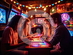 Group friends play vintage arcade games