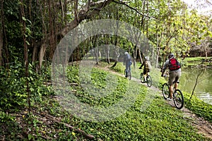 Group of friends ride mountain bike in the forest together