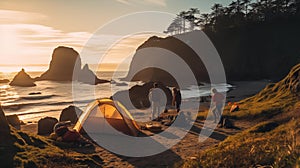 Group of friends sets up camp on a secluded beach, the sun sets over a rugged coastline, surrounded by towering cliffs and