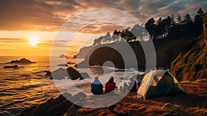 Group of friends sets up camp on a secluded beach, the sun sets over a rugged coastline, surrounded by towering cliffs and