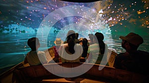 A group of friends sit in a virtual boat backs turned away from the camera as they navigate through the vast digital