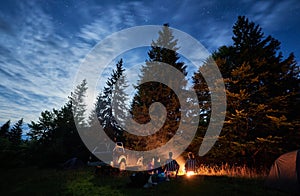Group of friends sitting around a bonfire on a green mountain meadow surrounded by spruce trees under starry sky
