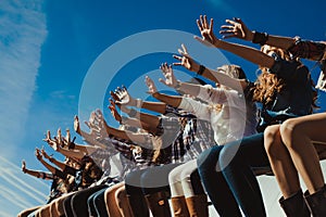 Group of friends sitting on a background of blue sky and holding out their hands in front of them