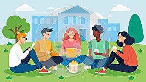 A group of friends sitting on a campus lawn trading ideas on how to minimize expenses while still having a social life photo