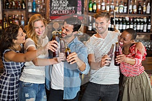 Group of friends toasting beer bottles at pub