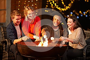 Group Of Friends Toasting Marshmallows By Firepit