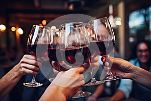 Group of friends toasting with red wine in a pub or restaurant, Closeup of a stethoscope on a medical uniform, AI Generated