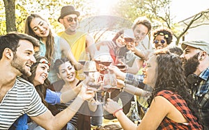 Group of friends toasting wine having fun at barbecue garden party