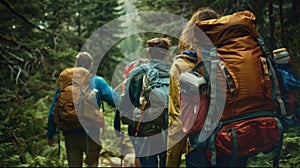 A group of friends treks through a dense forest their backpacks filled with supplies and their eyes filled with
