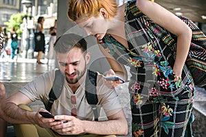 Group of friends using smartphones. Emotional isolation and technology depresion photo