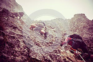 Group of friends on via ferrata in mountains