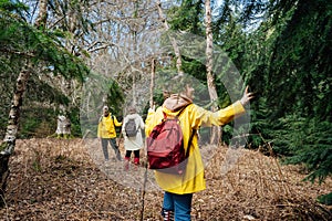 Group of friends walking with backpacks in forest. Trekking travel in adventure lifestyle, nature hiking in vacation