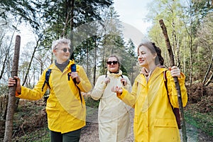 Group of friends walking with backpacks in forest. Trekking travel in adventure lifestyle, nature hiking in vacation