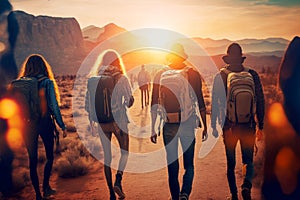 Group of friends walking with backpacks in sunset from back. Exploring nature. Adventure, travel, tourism, hike and people