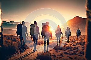 Group of friends walking with backpacks in sunset from back. Exploring nature. Adventure, travel, tourism, hike and people