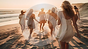 Group of friends walking at sunset on the sand of a beach. Concept of vacation, travel and friendship. Generative ai