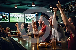 Group of friends watching a football match in a pub, drinking beer and cheering, rear view Friends Watching Game In Sports Bar On