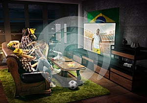 Group of friends watching TV, football match in Brazil, sport games