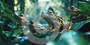 Group of Frogs Mating in a Tropical Rainforest Background for Wildlife Documentation, Ecosystem Art, or Natural Wonders photo