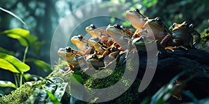 Group of Frogs Mating in a Tropical Rainforest Background for Wildlife Documentation, Ecosystem Art, or Natural Wonders photo