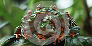 Group of Frogs Mating in a Tropical Rainforest Background for Wildlife Documentation, Ecosystem Art, or Natural Wonders photo