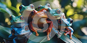 Group of Frogs Mating in a Tropical Rainforest Background for Wildlife Documentation, Ecosystem Art, or Natural Wonders photo