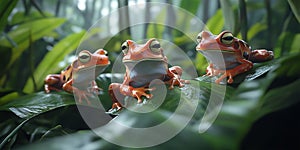 Group of Frogs Mating in a Tropical Rainforest Background for Wildlife Documentation, Ecosystem Art, or Natural Wonders photo