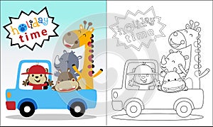 Group of funny animals cartoon on vehicle, coloring book or page