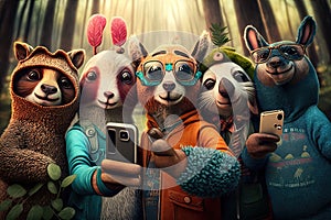 Group of funny animals in the forest with mobile phones