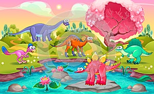 Group of funny dinosaurs in a natural landscape