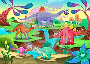 Group of funny dinosaurs in a prehistoric landscape