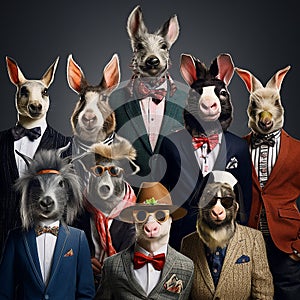 Group of funny dogs in a suit and bow ties. Isolated on black background.