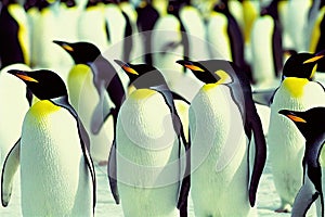 Group of funny emperor penguins stands in snow and looks one way.