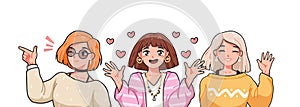 Group of funny female anime characters vector illustration in Japanese manga style. Portrait of three girls waving hand