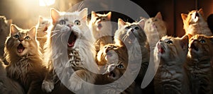 Group of funny funny cats on their hind legs with open mouths singing in chorus, cat concert. Generation AI