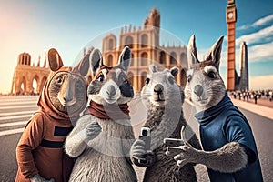 Group of funny kangaroos on the background of famous monuments of the world