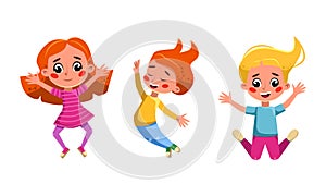 Group of funny kids jumping. Happy girls having fun together cartoon vector illustration