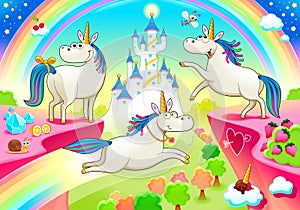 Group of funny unicorns with castle and fantasy landscape. Vector cartoon illustration