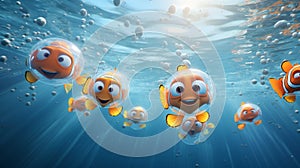 A group of funny water balls equipped with tiny, animated propellers, engaging in a playful underwater race
