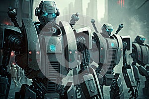 Group of futuristic robots standing in a row