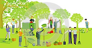 Group gardening, gardening together illustration