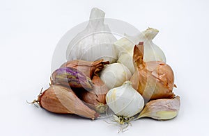 Group of Garlics, shallots and onions
