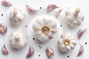 Group of Garlics on White Background Several garlic bulbs are arranged and placed on a white table