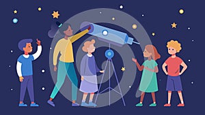 A group gathered around a telescope as a person with autism guides them through the constellations and explains the photo