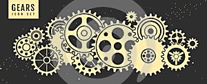 Group of gears isolated on black space background.  Cog icon design.