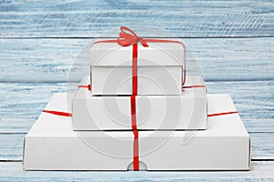 Group of gift boxes over wood background with copy space